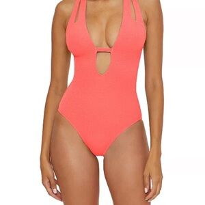 BECCA Pucker Up Tear Drop Coral One Piece Swimsuit with Plunging V-Neck